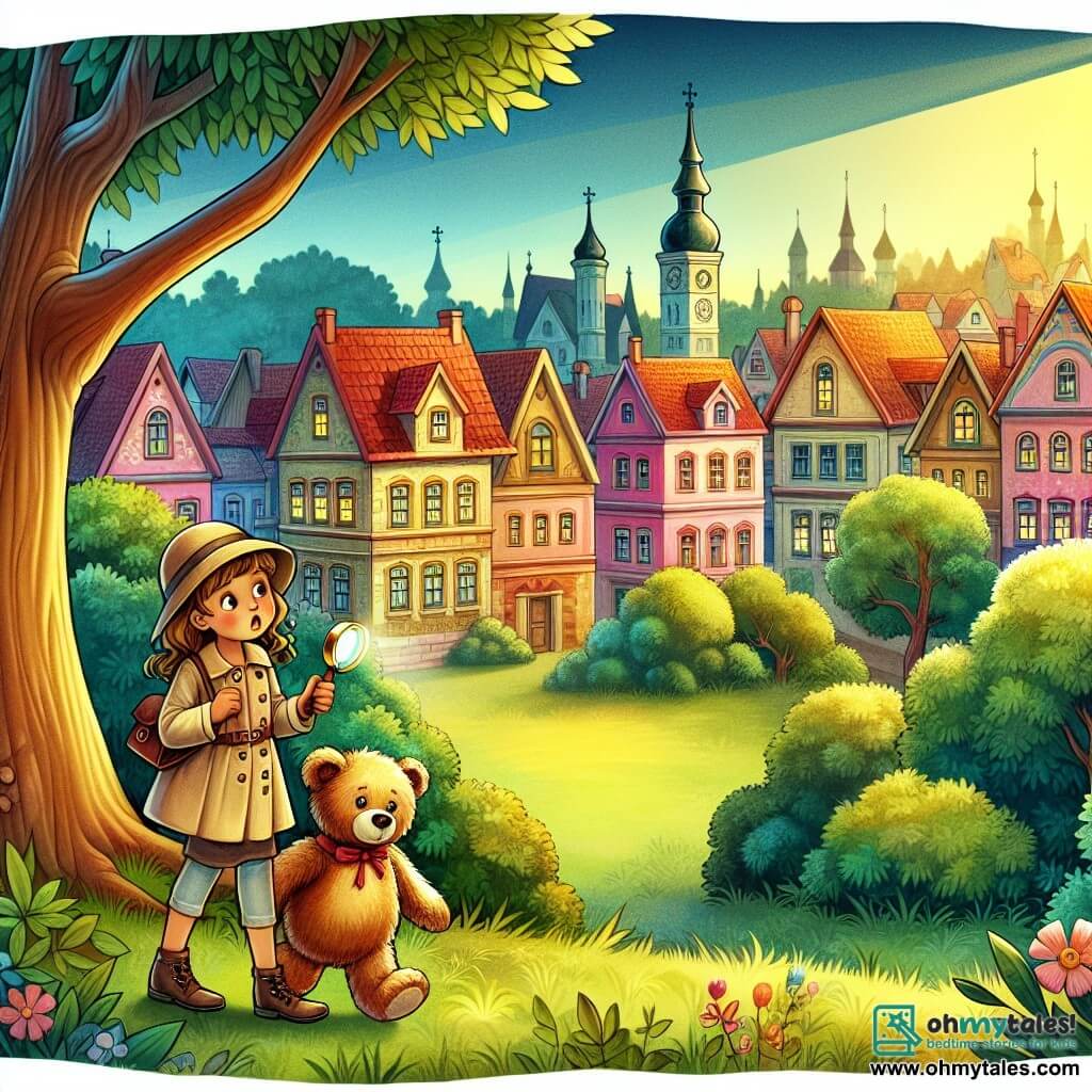 Une illustration destinée aux enfants représentant une petite fille pleine de curiosité, accompagnée de son fidèle ami, un ourson en peluche, enquêtant sur la mystérieuse disparition de ce dernier dans une charmante ville ensoleillée remplie de maisons colorées et d'un parc verdoyant entouré de bois mystérieux.