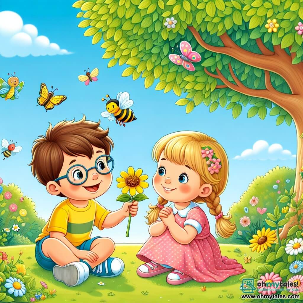 An illustration depicting a large green park in spring, with colorful flowers blooming in the fresh grass. In the center, two children: a 7-year-old boy with brown hair and glasses, wearing a yellow t-shirt and blue shorts, holding a yellow flower in his hand. Next to him, a 6-year-old girl with braided blonde hair, wearing a pink polka dot dress, smiling as she watches a small bee flying around them. They are sitting under a large tree with green leaves, surrounded by birdsong and colorful butterflies. The atmosphere is cheerful and sunny, capturing a moment of happiness and discovery in the heart of springtime nature.
