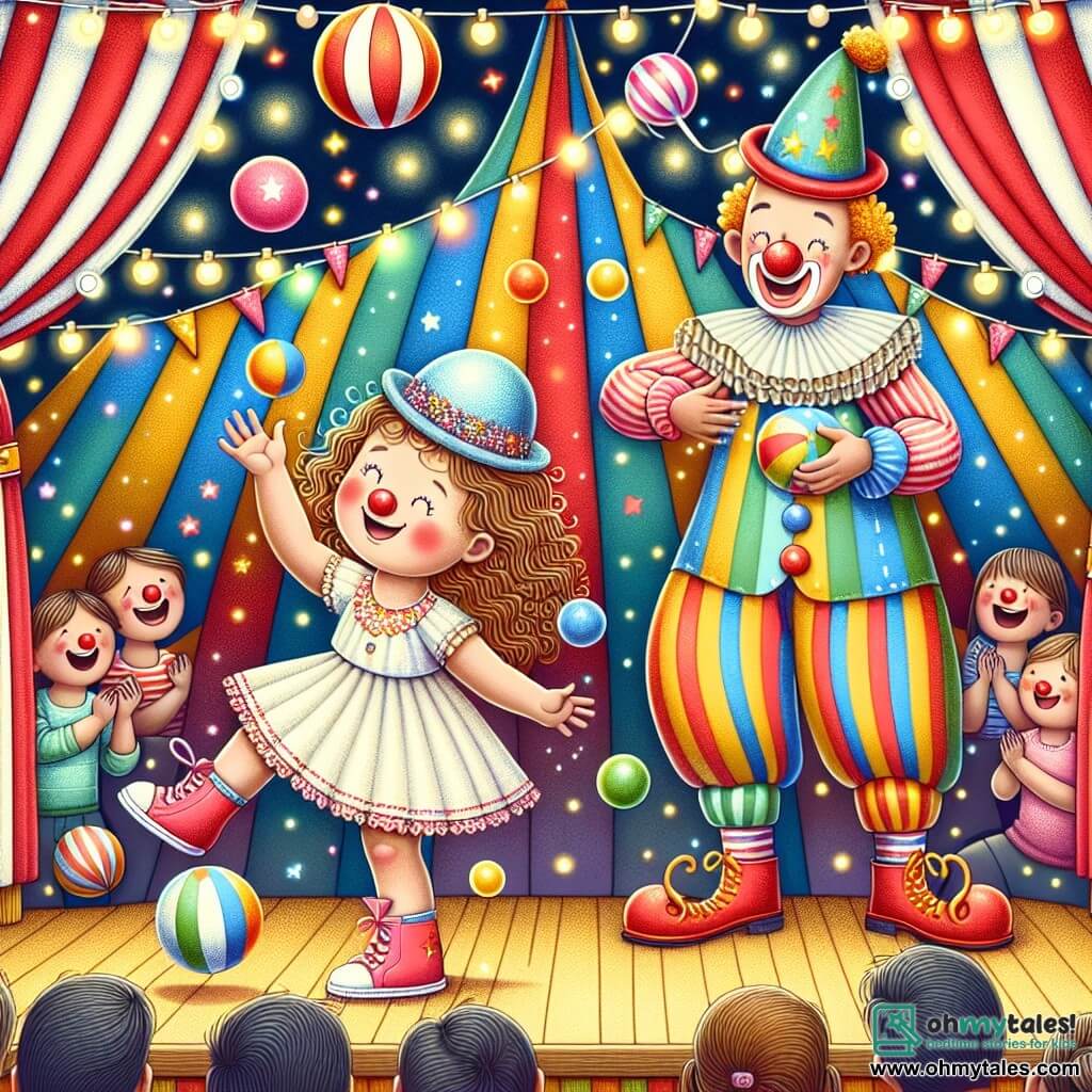 Une illustration sous forme de dessin destinée aux enfants représentant un cirque coloré avec des tentes rayées et des lumières scintillantes, au centre, une petite fille de 1 an avec des cheveux bouclés et un chapeau étincelant, souriante, lançant une petite balle en l'air, tandis qu'à côté d'elle, un homme joyeux en costume de clown avec un nez rouge et des chaussures géantes danse en jonglant avec plusieurs balles colorées, le tout dans une ambiance festive où le public applaudit et rit, capturant l'esprit joyeux et ludique de cette journée au cirque.