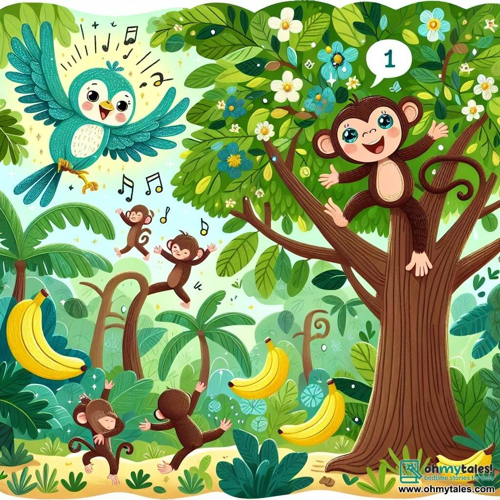 Une illustration sous forme de dessin destinée aux enfants représentant une jungle luxuriante avec de grands arbres verts, où un petit singe espiègle, au pelage brun et aux grands yeux pétillants, est en train de sauter joyeusement d'une branche à l'autre, tandis qu'une jolie petite oiseaux bleu, avec des plumes éclatantes, chante gaiement sur une branche voisine, le tout dans une ambiance festive, avec des bananes dorées éparpillées autour d'eux, symbolisant leur joyeuse fête des bananes.