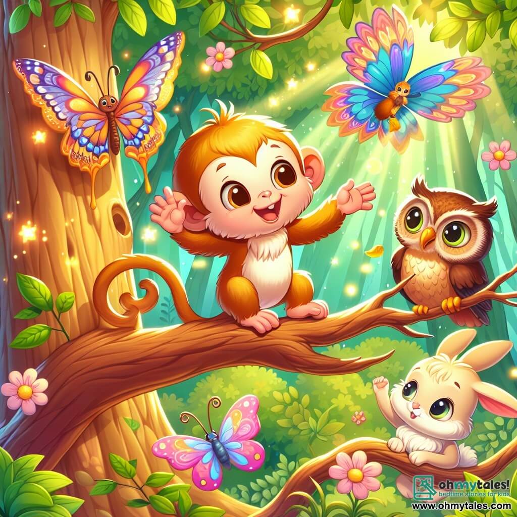 Une illustration sous forme de dessin destinée aux enfants représentant une scène vibrante de la forêt enchantée, avec un petit singe à la fourrure douce et dorée, grimpant joyeusement à une branche tout en souriant, entouré de ses amis : une belle papillon aux ailes colorées qui vole autour de lui et un hibou sage aux plumes brunes, perché sur une branche, observant attentivement, alors qu'ils s'apprêtent à aider un petit lapin aux grandes oreilles, triste à cause de son terrier en désordre, le tout baigné dans une lumière douce et magique qui illumine les feuilles dansantes et les fleurs scintillantes.