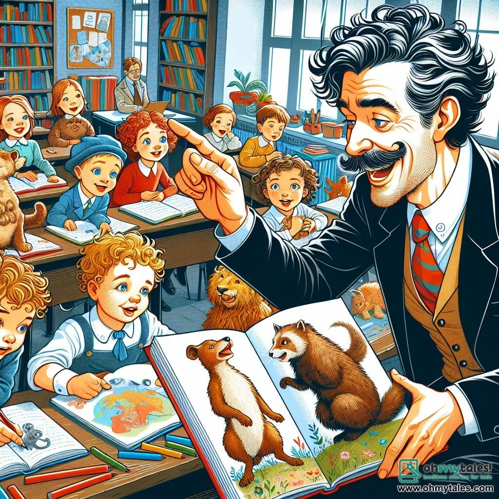 Une illustration destinée aux enfants représentant un homme instituteur joyeux enseignant à ses élèves curieux une histoire sur les animaux, avec une fillette aux cheveux bouclés, un garçon qui dessine des images drôles, et une salle de classe colorée remplie de livres et de jouets.