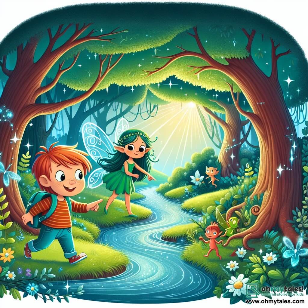 Une illustration destinée aux enfants représentant un jeune garçon curieux et imaginatif, accompagné d'une fée étincelante, explorant la mystérieuse Forêt Enchantée aux arbres majestueux aux feuilles d'émeraude et aux ruisseaux étincelants, où des créatures magiques dansent sous la lueur d'un soleil doux.