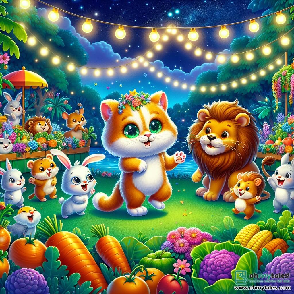 An illustration depicting a lively scene in a colorful zoo garden, filled with fresh vegetables and vibrant flowers under a starry sky. In the center, a cat with sparkling emerald eyes and soft, fluffy fur stands on its hind legs, one paw raised as if dancing, with a mischievous grin on its face. Around it, several animals are gathered: a small rabbit with large white ears joyfully hopping, a golden-furred lion laughing with a friendly expression, and a brown-feathered owl perched on a branch, watching the scene wisely. The main situation shows the animals celebrating a big party, surrounded by carrots, salads, and fruits, with flower garlands hanging and twinkling lanterns lighting up the night. Laughter and joy fill the air, creating a festive and friendly atmosphere.