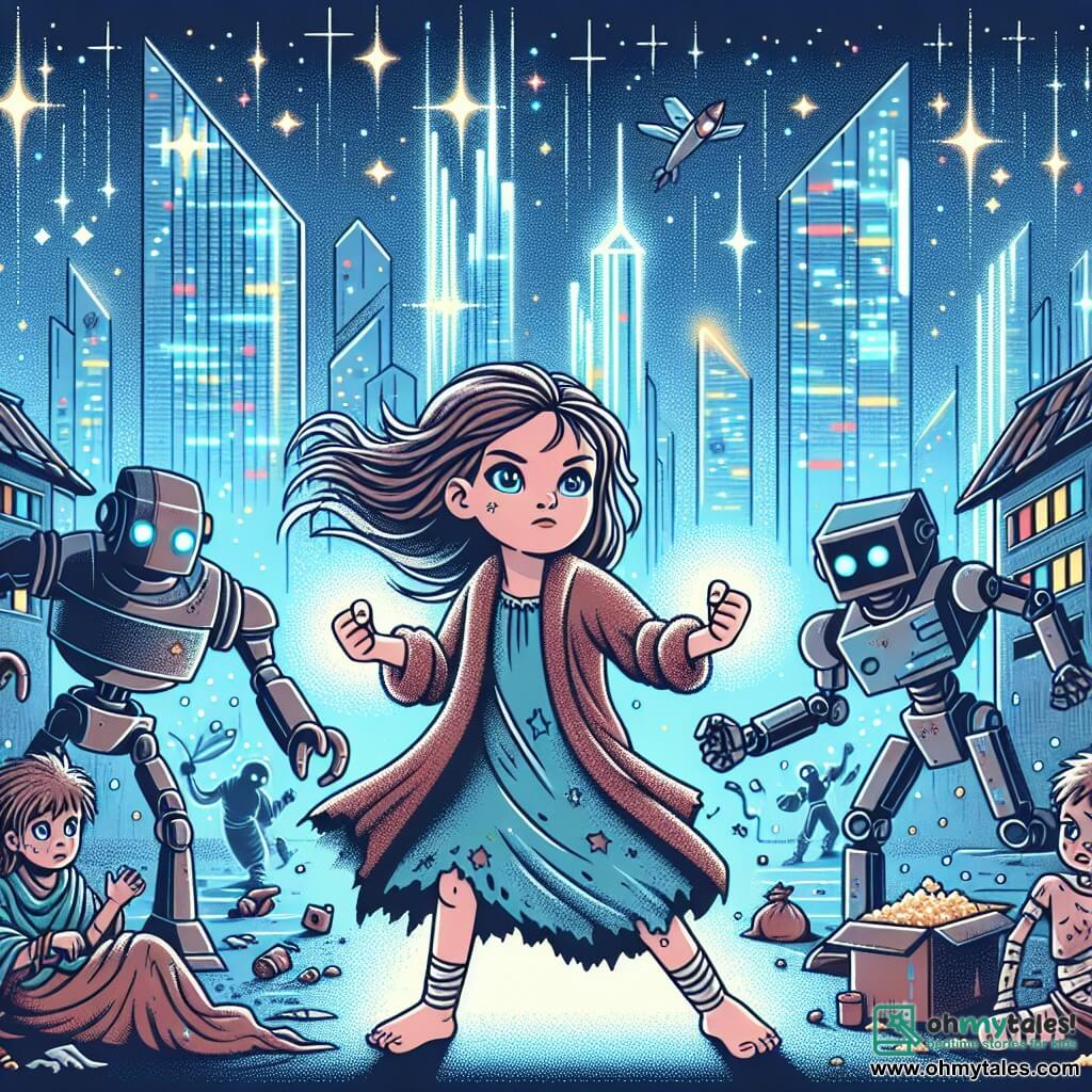 Une illustration destinée aux enfants représentant une jeune fille aux vêtements en haillons, entourée de robots futuristes, luttant contre l'injustice et rêvant d'un monde meilleur, dans une ville étincelante aux tours de verre et aux voitures volantes.