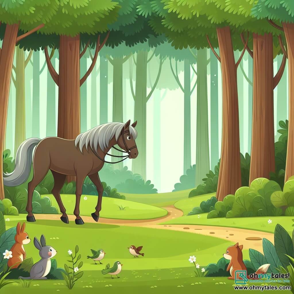 Une illustration destinée aux enfants représentant un cheval courageux, aventurant dans une forêt enchantée, accompagné d'animaux curieux, dans un paisible pré entouré de grands arbres verts.