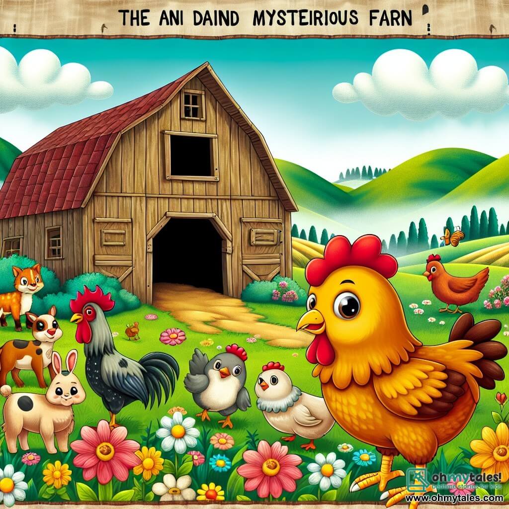Une illustration destinée aux enfants représentant une poule courageuse et intrépide, se tenant devant une vieille grange mystérieuse, en compagnie d'animaux curieux, dans une ferme pittoresque entourée de collines verdoyantes et de champs fleuris.