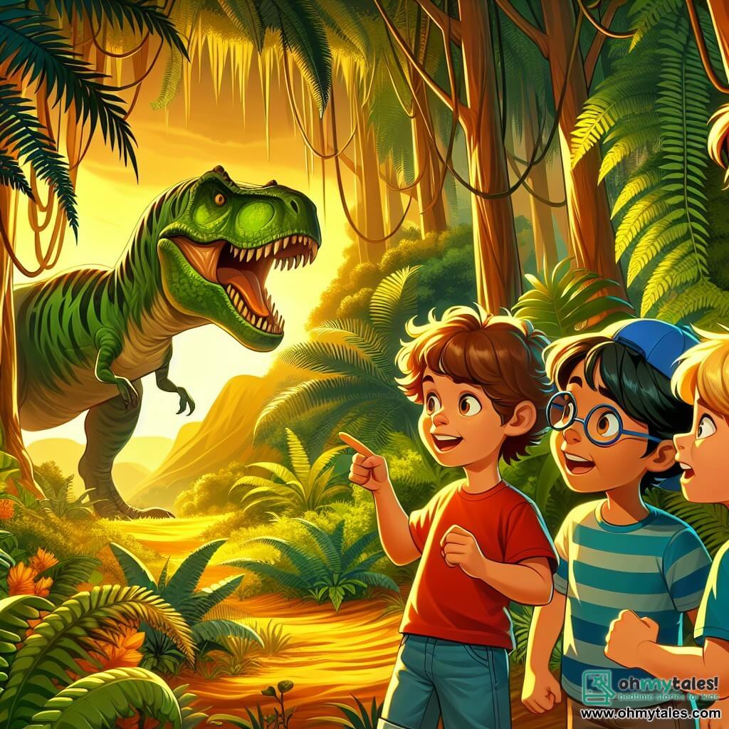 An illustration depicting a vibrant scene from the age of dinosaurs. In the foreground, a vast lush jungle stretches endlessly, featuring giant ferns and thick-trunked trees bathed in golden light. In the background, a majestic Tyrannosaurus rex stands tall, its green and brown scales shimmering in the sun as it roars, creating a fascinating yet frightening atmosphere. Four boys, around 10 years old, stand in the front, their faces lit with wonder and a hint of fear. The first boy, with curly brown hair, wears a red t-shirt and denim shorts, pointing excitedly at the dinosaur. The second boy, wearing glasses and with blonde hair, leans forward, his eyes wide with curiosity. The third boy, with straight black hair, laughs while running, his blue cap firmly on his head. Finally, the fourth boy, with brown hair and a serious expression, holds a small notebook, ready to jot down his observations. The scene captures the moment the boys, amazed by their time travel, discover the majesty and danger of dinosaurs while being prepared to escape. In the background, pterodactyls fly in the blue sky, adding a dynamic touch to this prehistoric adventure.