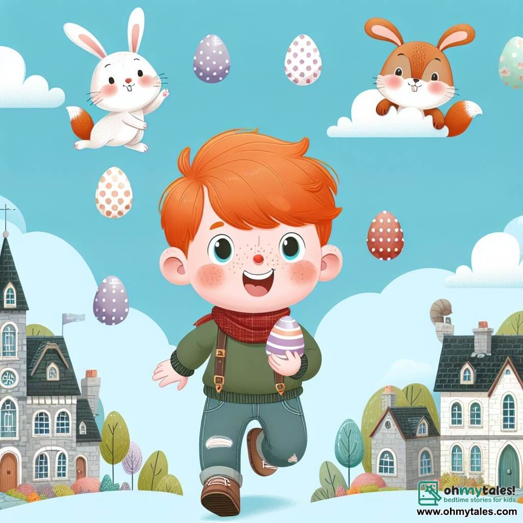 Une illustration destinée aux enfants représentant un garçon aux cheveux roux et aux taches de rousseur, partant à la chasse aux œufs de Pâques dans le pittoresque village de Blossomville, accompagné de joyeux écureuils espiègles, sous un ciel bleu pâle parsemé de nuages en forme de lapins.