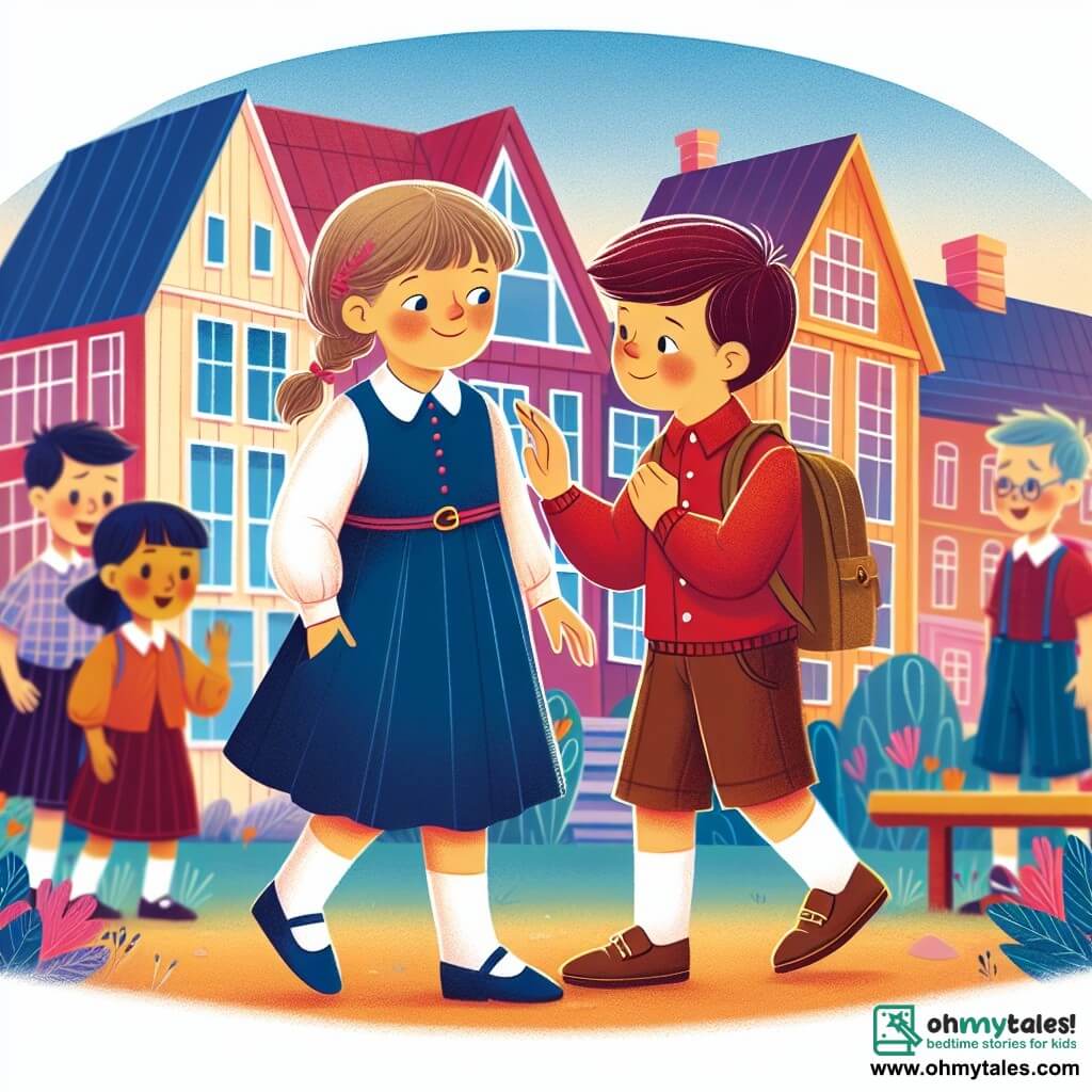 Une illustration destinée aux enfants représentant un garçon timide et réservé, confronté au harcèlement de garçons plus âgés à l'école, avec l'aide précieuse d'une fille courageuse nommée Emily, dans la cour de récréation colorée et animée de l'école.