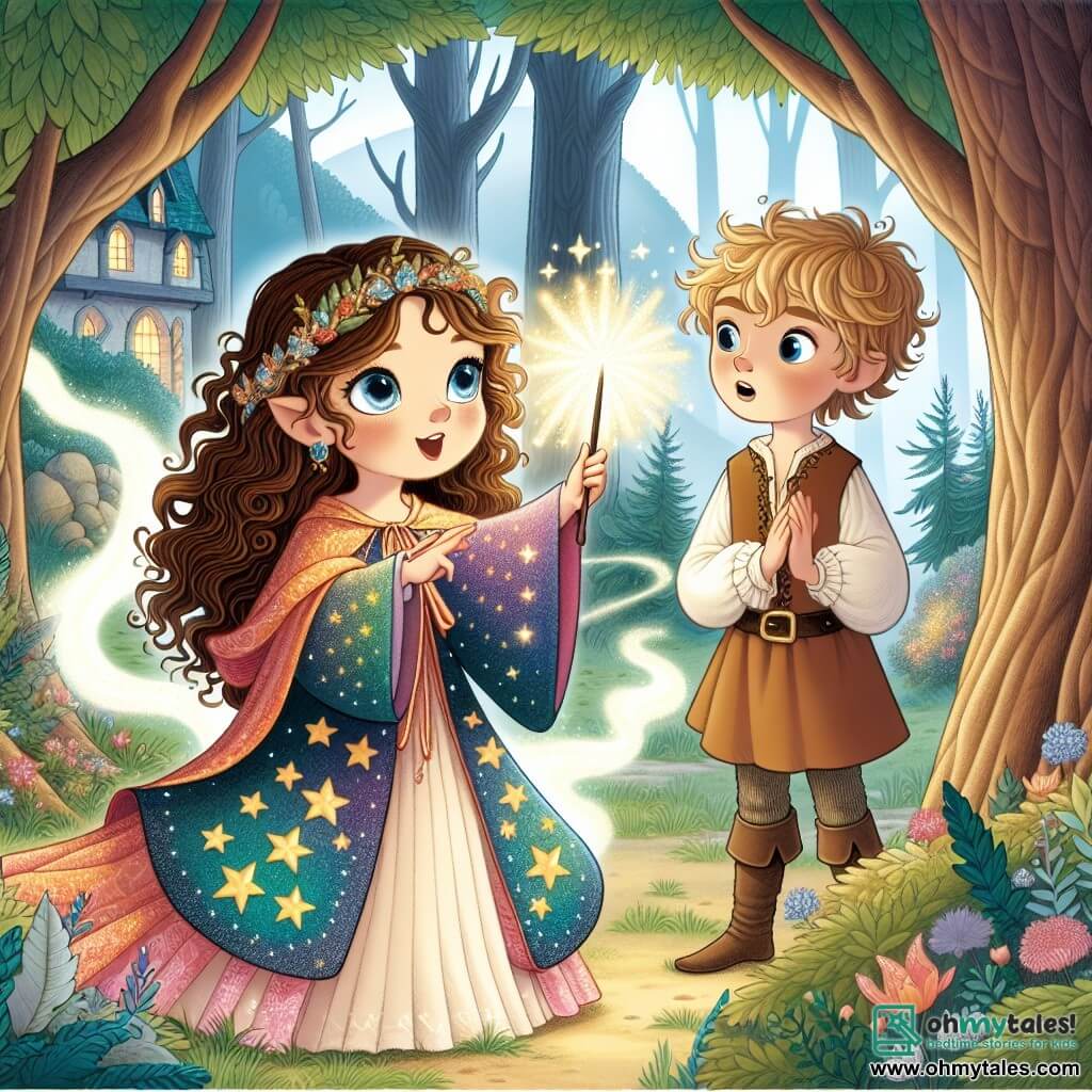 Une illustration sous forme de dessin destinée aux enfants représentant une clairière enchantée au cœur des Whispering Woods, où une jeune sorcière aux cheveux châtains bouclés et aux yeux pétillants, vêtue d'une robe colorée ornée d'étoiles, lève sa baguette magique pour conjurer un éclat de lumière, tandis qu'à ses côtés, un garçon aux cheveux blonds ébouriffés, vêtu d'une tunique simple, observe avec émerveillement, alors qu'une brume mystérieuse s'élève autour d'eux, suggérant l'approche d'une aventure magique pleine de secrets et de défis.