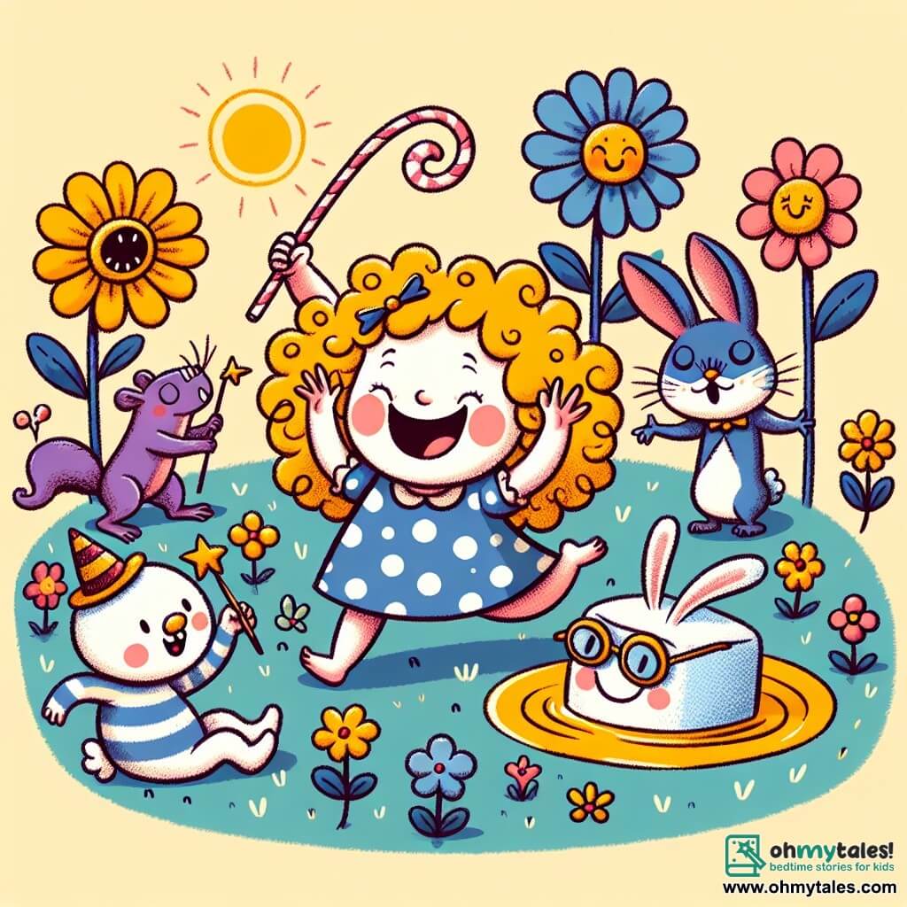 Une illustration sous forme de dessin destinée aux enfants représentant un jardin ensoleillé rempli de fleurs colorées dansant joyeusement, où une petite fille de 4 ans aux cheveux bouclés et dorés, vêtue d'une robe à pois, rit aux éclats en tenant une baguette magique wobbly, tandis qu'un petit écureuil violet portant un chapeau rouge fait des cabrioles à ses côtés et qu'un lapin bleu aux grandes lunettes ajuste ses verres, tous trois s'amusant ensemble alors qu'un poisson en guimauve surgit de l'étang, créant une ambiance ludique et absurde.
