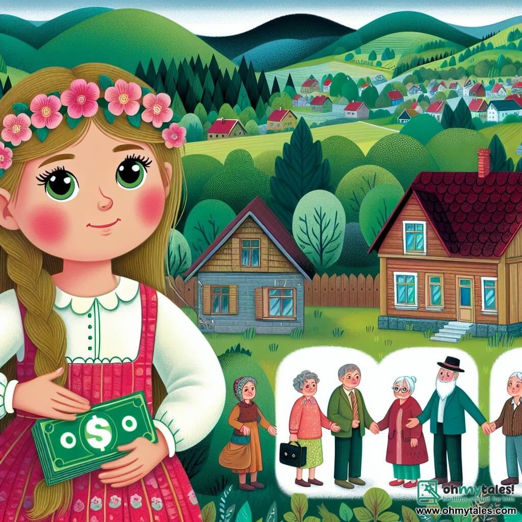 Une illustration destinée aux enfants représentant une fillette aux joues roses vivant dans une petite maison en bordure d'une ville, faisant face à des difficultés financières, avec l'aide précieuse d'un groupe de voisins bienveillants, dans un décor de collines verdoyantes et de forêts luxuriantes.