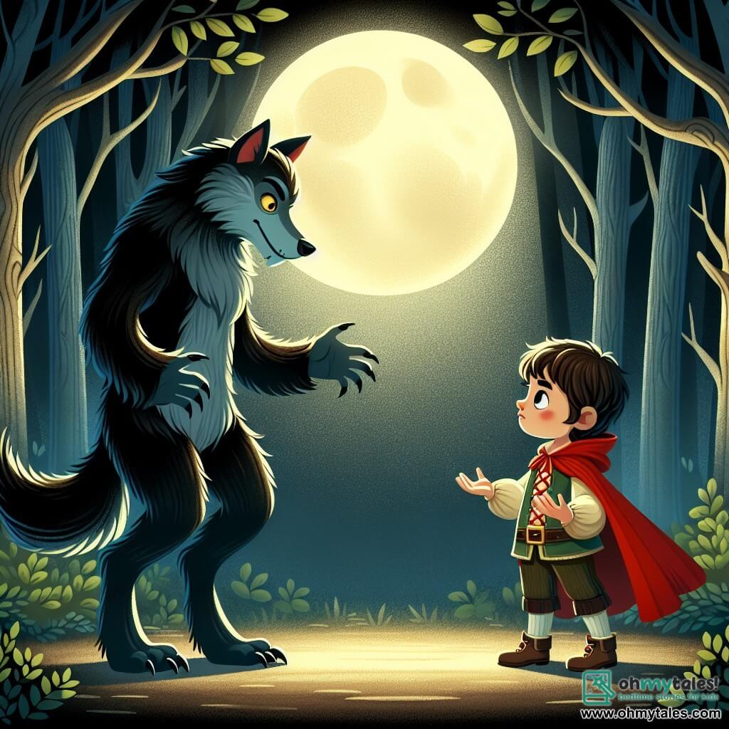 Une illustration destinée aux enfants représentant un jeune garçon déguisé en loup-garou, faisant face à un mystérieux gardien de la forêt, dans une forêt sombre et envoûtante illuminée par la lueur de la pleine lune.