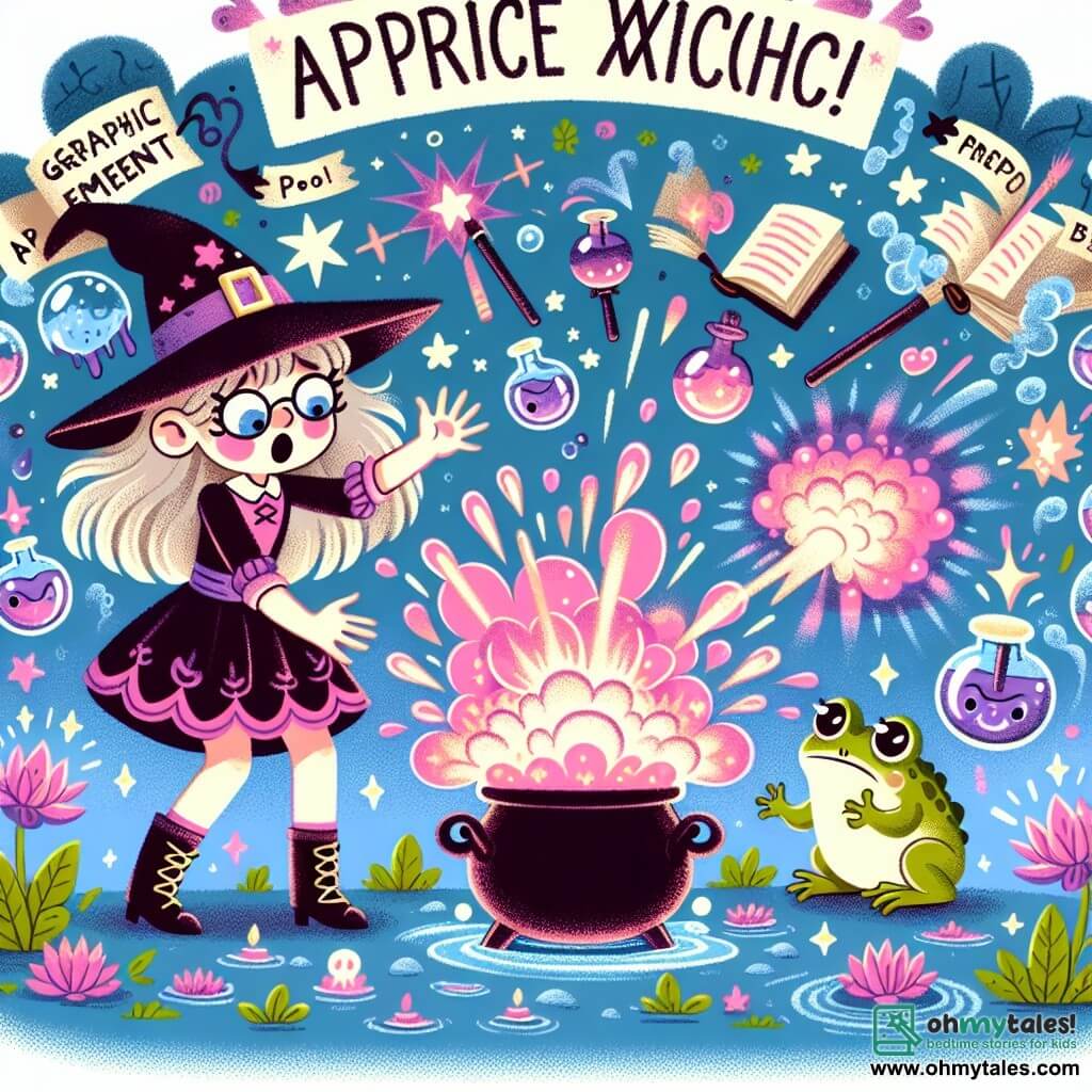 Une illustration destinée aux enfants représentant une jeune apprentie sorcière déclenchant maladroitement une explosion magique spectaculaire avec l'aide de son toad charmant dans une école de sorcellerie excentrique entourée de bubbling cauldrons et de floating spellbooks.