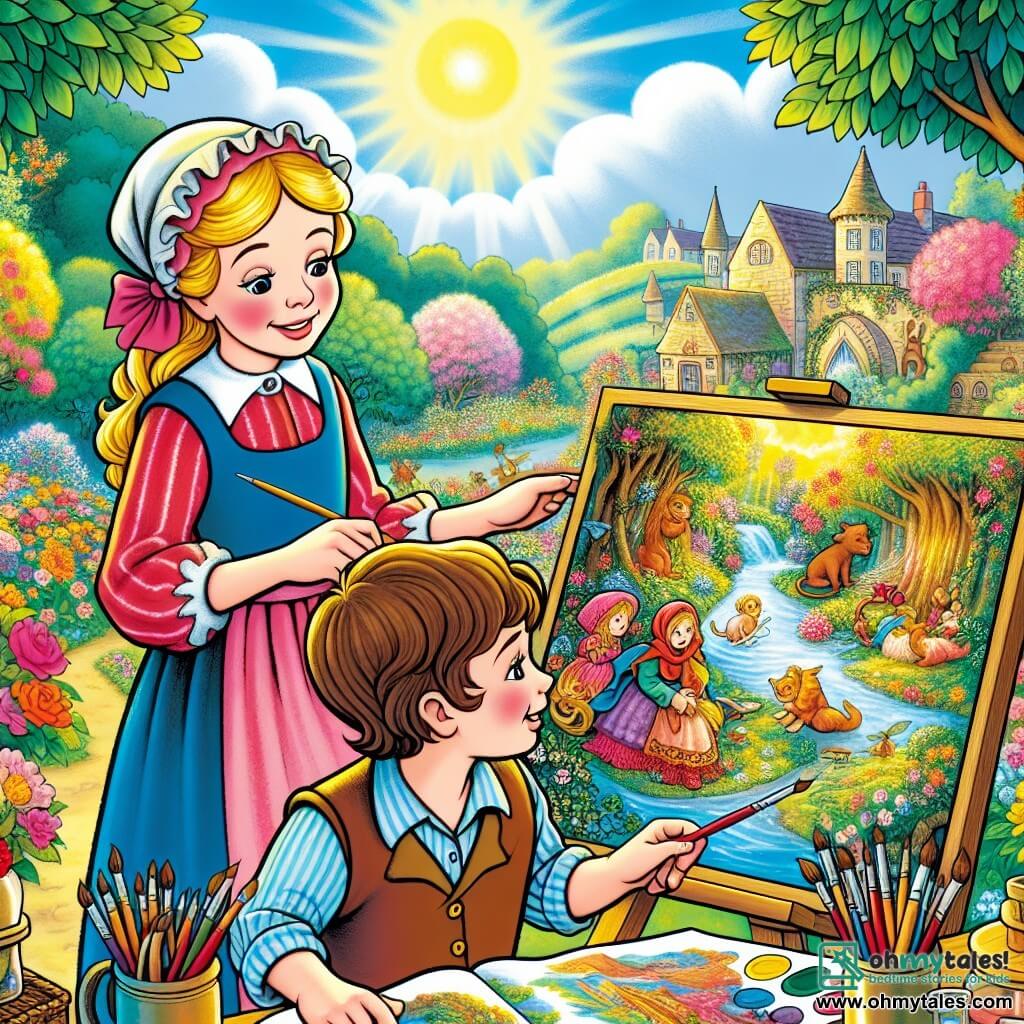 Une illustration destinée aux enfants représentant une artiste femme créant un tableau magique d'une forêt enchantée avec l'aide de son petit frère garçon, dans le pittoresque jardin ensoleillé de la petite ville de Brightville, rempli de couleurs vives et d'animaux fantastiques.