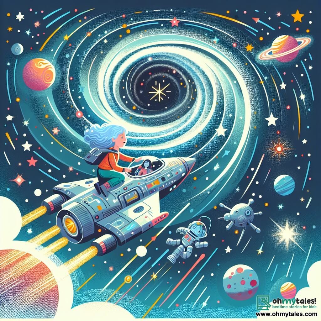 Une illustration destinée aux enfants représentant une exploratrice galactique, bravant un vortex lumineux avec l'aide d'un robot compagnon, à bord d'un vaisseau spatial scintillant naviguant parmi les étoiles dans un ciel parsemé de planètes colorées.