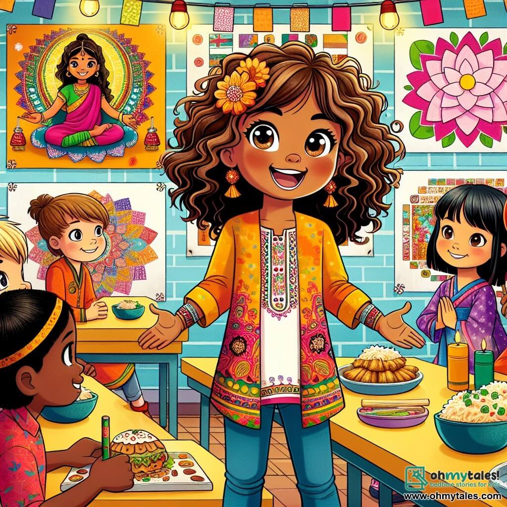 An illustration depicts a colorful and lively classroom with walls adorned with posters representing different cultures. In the center stands a 9-year-old girl with curly brown hair and sparkling eyes, wearing a colorful t-shirt and jeans, holding a plate of carbonara with a big smile, ready to share her story. Next to her is another 9-year-old girl of Indian descent, with caramel skin and long, smooth hair, attentively listening while wearing a colorful dress and holding a small book about Diwali traditions. A 9-year-old boy of Japanese descent, with straight black hair, sits at a table surrounded by cherry blossom decorations, drawing rangoli patterns. The main scene shows the children sharing their cultural discoveries, surrounded by typical dishes from each country: samosas, sushi, and pasta. The atmosphere is joyful and festive, filled with laughter and colors, symbolizing unity in diversity.