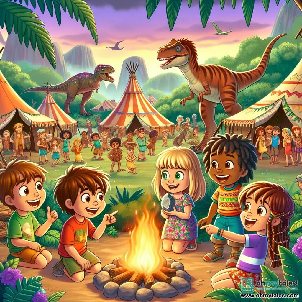 An illustration depicting a vibrant scene in a prehistoric village. The place is filled with large colorful tents, lush foliage, and majestic dinosaurs moving in the distance. In the center, a campfire crackles, illuminating the joyful faces of the villagers. Four children, two boys and two girls aged seven, stand together. The first boy has messy brown hair and wears a red t-shirt with blue shorts. He smiles enthusiastically, holding a large shiny stone in his hands. The second girl, with long braided blonde hair, wears a flower dress and looks at the boy with admiration. The third child, a boy with round glasses and brown hair, is pointing at a passing dinosaur. Finally, the last girl, with curly hair and dark skin, wears a purple t-shirt and shorts. She looks determined, ready for adventure. The main situation shows the children celebrating their victory after retrieving the Crystal of Knowledge, surrounded by joyful villagers dancing and singing around the fire. Bright colors and expressions of joy fill the image, capturing the spirit of adventure and friendship, with dinosaurs visible in the background, adding a magical touch to this prehistoric scene.