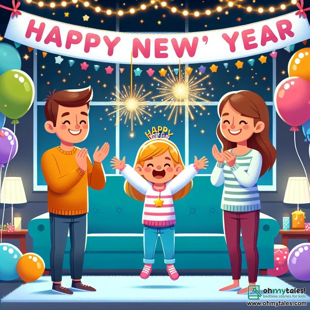 Une illustration destinée aux enfants représentant une fillette joyeuse vivant une soirée magique de la fête du Nouvel An avec ses parents, dans un salon décoré de ballons colorés, de guirlandes scintillantes et d'une grande banderole "Bonne Année" suspendue au-dessus de leur tête.