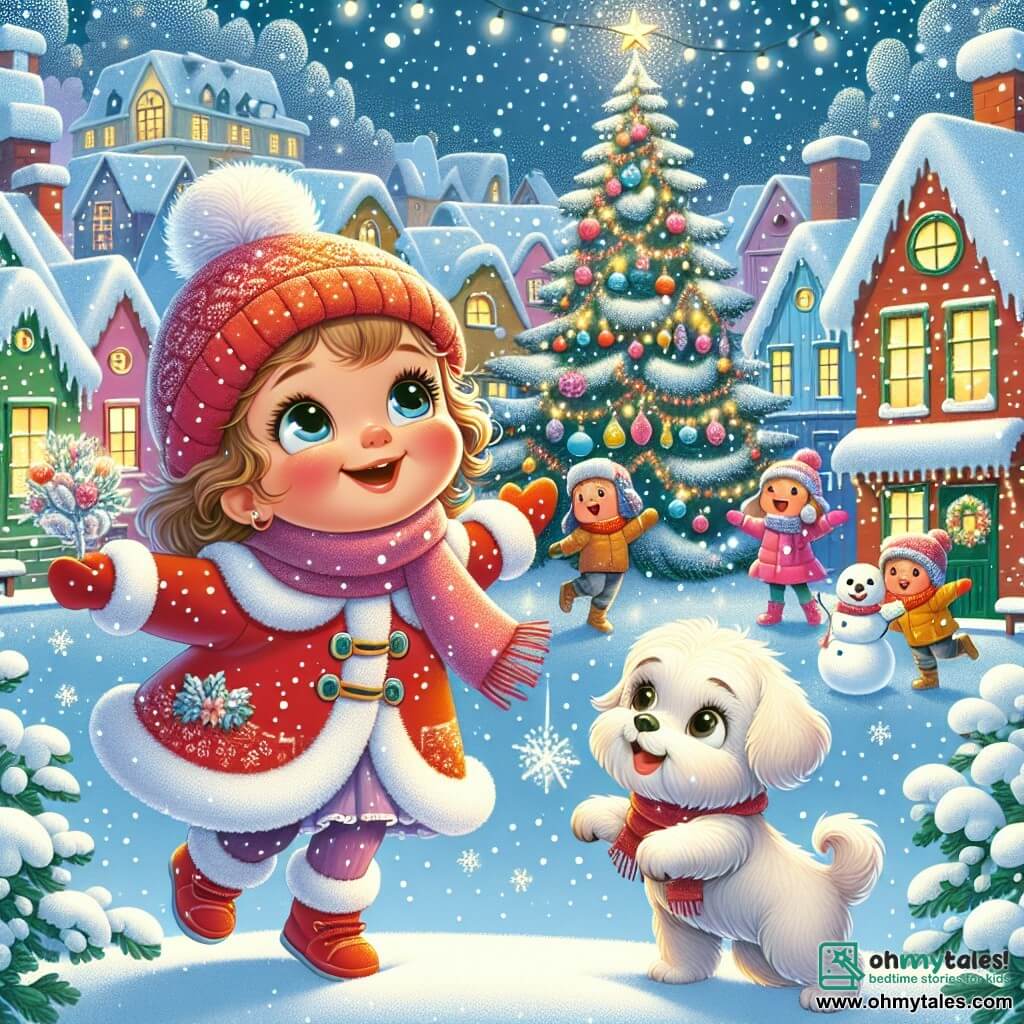 An illustration depicting a snowy village with colorful houses topped with sparkling snow. In the center, a large square features a majestic Christmas tree adorned with lights and shiny ornaments. In the foreground, a one-year-old girl with bright eyes and rosy cheeks wears a vivid red coat and a woolen hat. She is joyfully jumping with her arms raised to the sky, surrounded by gently falling snowflakes. Beside her, a small curly-haired cream-colored dog, equally excited, wags its tail and looks at the girl affectionately. The scene shows the girl and her dog discovering a shining star under a snow-covered bush, with beams of light illuminating their amazed faces. In the background, children aged about 5 to 7 build a snowman, laughing and playing, adding to the festive atmosphere of the illustration. Snowflakes fall softly, and twinkling lights decorate the surrounding trees, creating a magical and joyful Christmas ambiance.