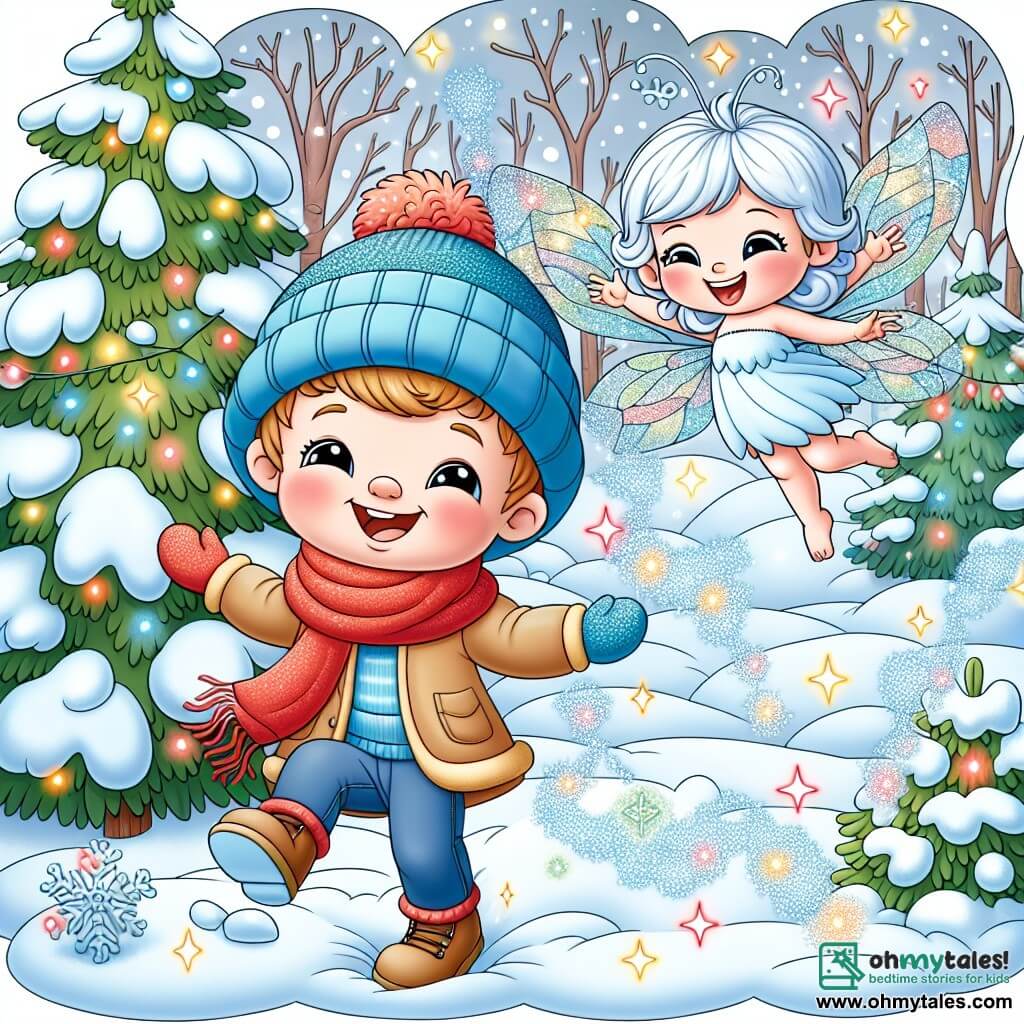 Une illustration sous forme de dessin destinée aux enfants représentant une forêt enchantée recouverte de neige scintillante, où un petit garçon de 2 ans, avec un sourire éclatant, portant un bonnet bleu et une écharpe rouge, saute joyeusement dans la neige, tandis qu'une petite fée des neiges aux ailes étincelantes et aux cheveux argentés, souriante, vole autour de lui en répandant des paillettes magiques, illustrant la magie de Noël et l'esprit de partage et de joie.
