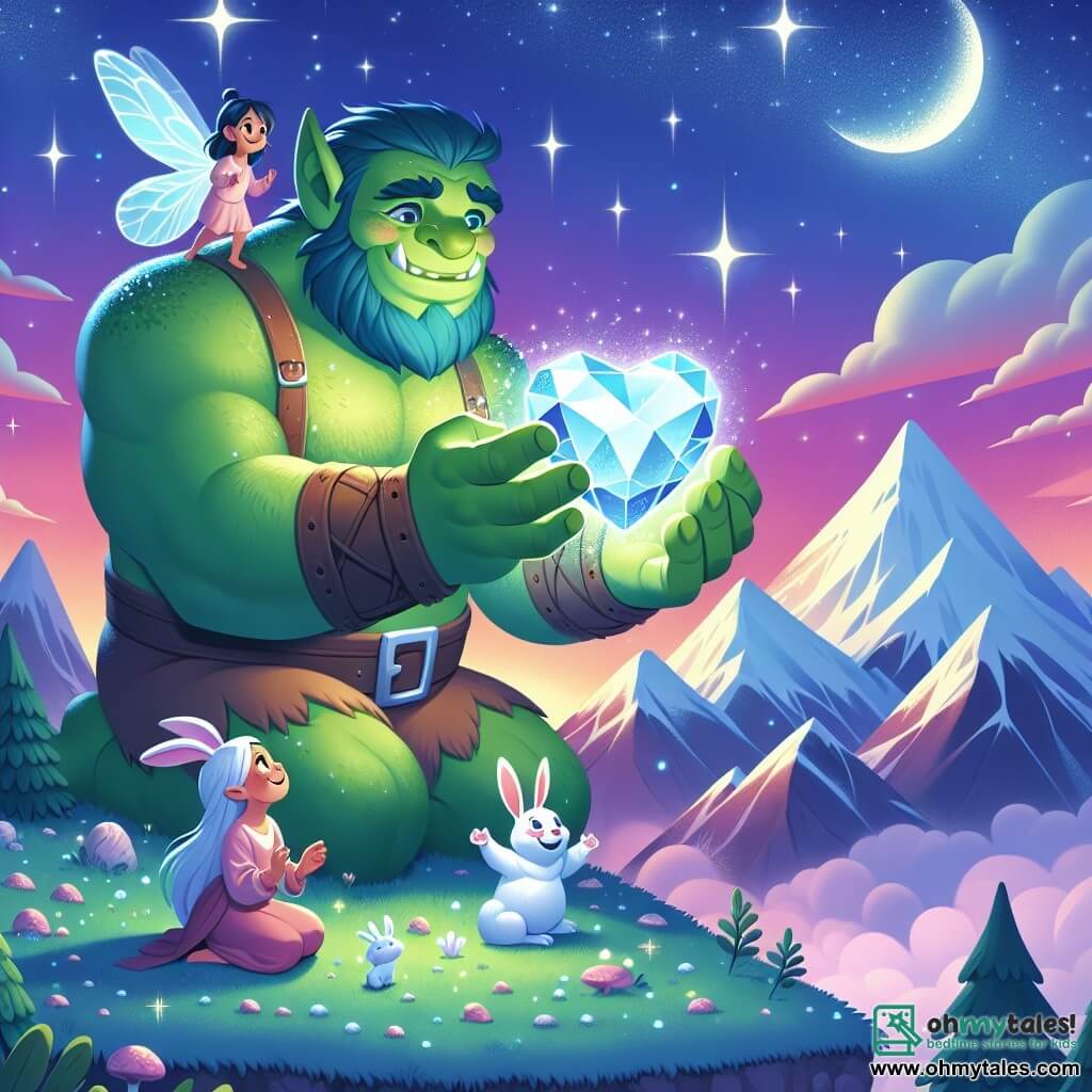 Une illustration sous forme de dessin destinée aux enfants représentant un paysage féerique de montagnes enneigées scintillantes sous un ciel étoilé, avec un ogre gentil, grand et musclé, à la peau verte et aux yeux pétillants, tenant une pierre magique en forme de cœur qui brille d'une douce lumière bleue, entouré d'une petite fée aux ailes délicates et scintillantes, et d'un lapin blanc aux grandes oreilles, tous deux exprimant la joie et l'émerveillement alors qu'ils découvrent ensemble la beauté de la pierre magique au sommet de la montagne.