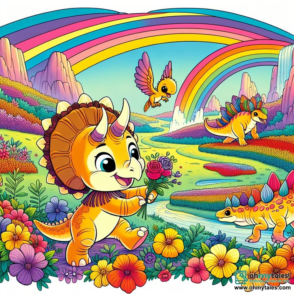 Une illustration sous forme de dessin destinée aux enfants représentant une vallée vibrante et colorée, où un jeune tricératops aux trois cornes distinctes et à une collerette frangée explore joyeusement un champ de fleurs éclatantes, tandis qu'à ses côtés, un petit stégosaure aux plaques scintillantes et une vélociraptor espiègle l'encouragent à ramasser des fleurs pour créer un bouquet, capturant ainsi l'esprit d'aventure et d'amitié qui les unit dans leur quête pour découvrir la magie de Rainbow Falls.