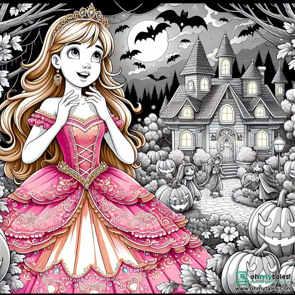 Une illustration destinée aux enfants représentant une jeune fille émerveillée par sa magnifique tenue de princesse, qui se retrouve plongée dans une forêt enchantée lors d'une nuit d'Halloween, entourée de personnages magiques et mystérieux, dans le pittoresque village de Pumpkinville, avec ses maisons aux toits en forme de citrouille et ses rues illuminées par des lanternes en forme de chauve-souris.