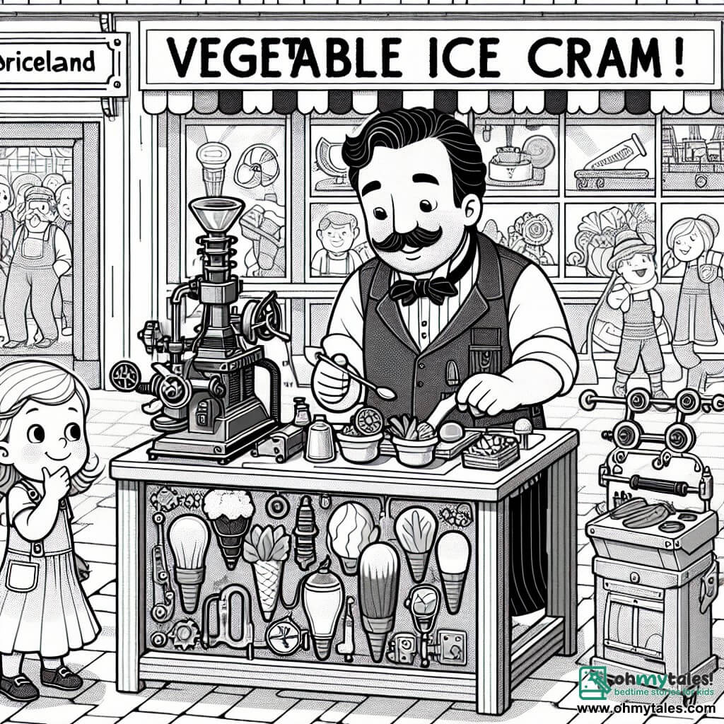 Une illustration destinée aux enfants représentant un inventeur homme, accompagné d'une fillette curieuse, travaillant sur une machine à glace aux légumes dans son atelier rempli de gadgets colorés et de machines sifflantes, situé dans la ville animée de Briceland.