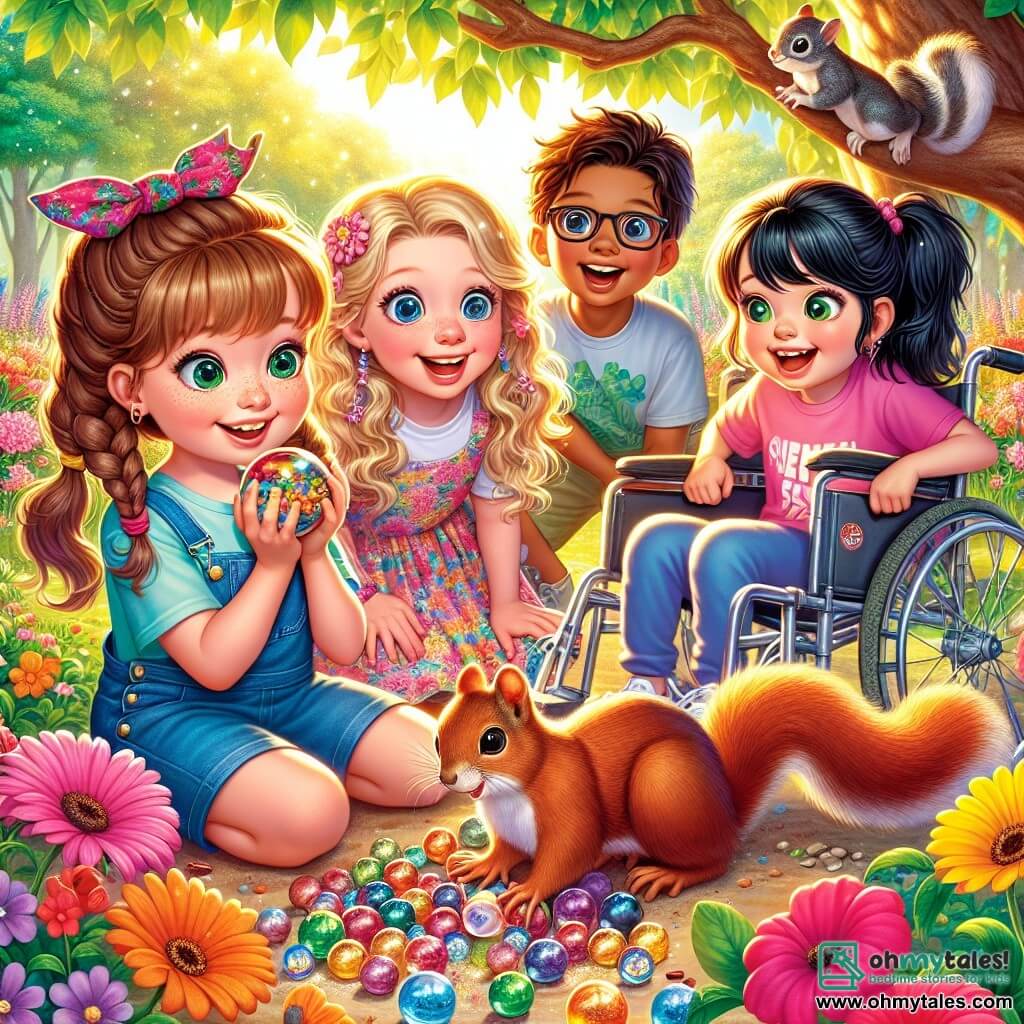 An illustration for children depicting a scene in a sunny garden filled with colorful flowers and a sparkling small pond. In the center, a group of four friends is gathered around a tree, looking intrigued and amused. There is a girl about 8 years old with braided brown hair, wearing a blue t-shirt and shorts, looking with sparkling eyes of curiosity. Next to her, another girl, around 9 years old, with curly blonde hair in a flower dress, is holding a small sketchbook in her hands. An 8-year-old boy, wearing glasses and with brown hair, is crouched down, carefully examining the ground. Finally, a girl about 10 years old in a wheelchair is smiling joyfully, her black hair tied in a ponytail, wearing a pink t-shirt. The main situation shows the group discovering a mischievous little squirrel perched on a branch, holding a colorful glass ball in its tiny paws. Bright marbles are scattered around them, and the expressions of surprise and laughter on their faces capture the spirit of adventure and friendship. In the background, the garden is alive with butterflies and singing birds, adding a touch of magic to this joyful scene.