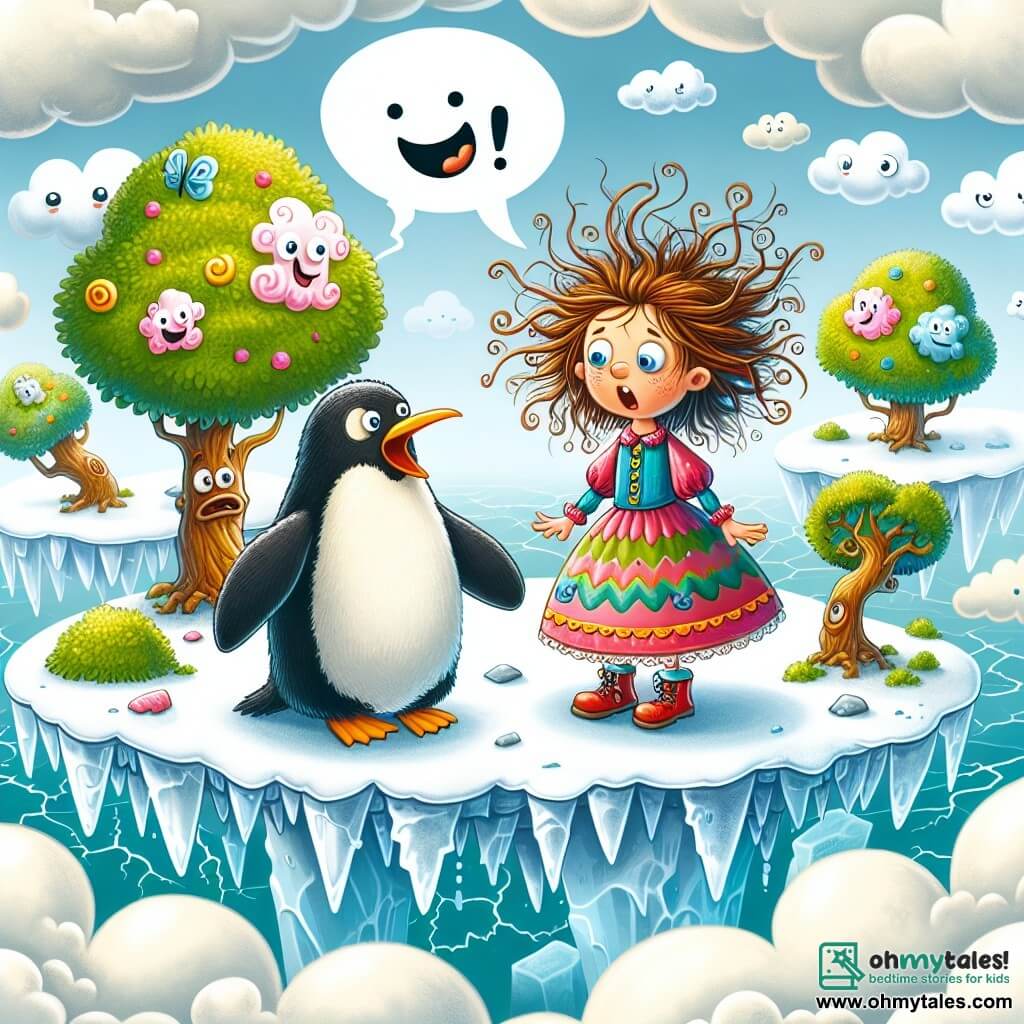 Une illustration destinée aux enfants représentant une petite fille aux cheveux en bataille, vêtue d'une robe multicolore, qui se retrouve embarquée dans une aventure loufoque avec un pingouin parlant, à travers un paysage fantastique où les arbres ont des visages souriants et les nuages sont faits de barbe à papa, le tout se déroulant sur une île flottante au-dessus d'un océan de glace crépitant.