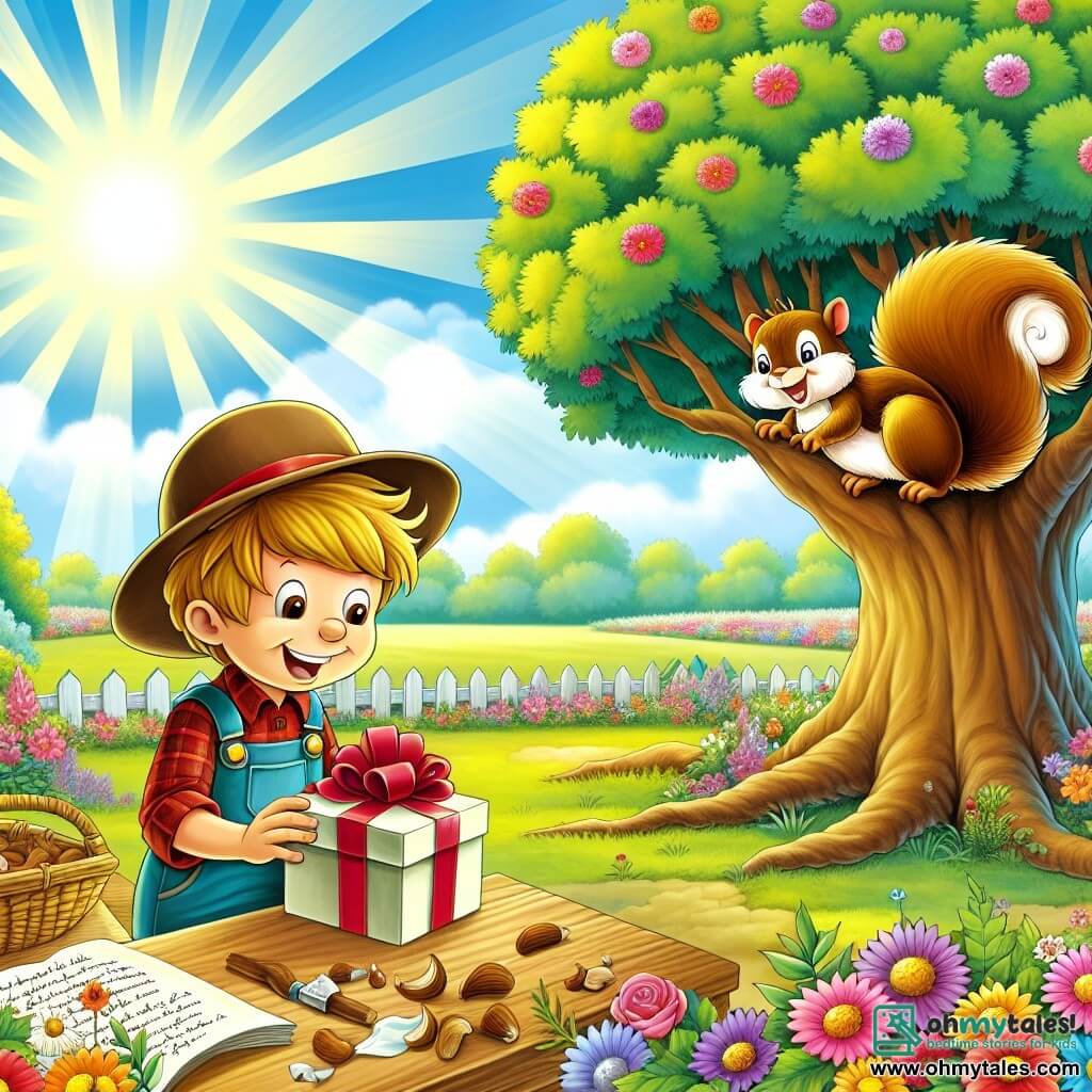 Une illustration destinée aux enfants représentant un petit garçon joyeux préparant une surprise pour son papa, accompagné d'un écureuil espiègle, dans un jardin ensoleillé rempli de fleurs colorées et d'un grand chêne majestueux.