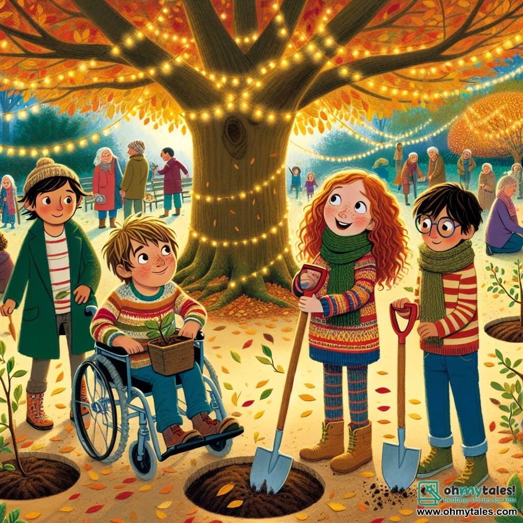 An illustration depicting a vibrant community garden in autumn, with trees displaying golden, orange, and red leaves, and a large oak tree in the center, its branches extending like welcoming arms. In the foreground, a 10-year-old girl with curly auburn hair, wearing a colorful wool sweater, joyfully smiles as she plants a young tree. Beside her, an 11-year-old boy in a wheelchair, wearing glasses and a striped t-shirt, holds a shovel and looks on enthusiastically. Another 10-year-old boy with brown hair and a mischievous smile is digging a hole for another tree, while a 9-year-old girl with long, smooth hair, wearing a knitted scarf, observes with admiration. In the background, families gather around a campfire, twinkling lights hang from the trees, and leaves gently fall to the ground, creating a warm and festive atmosphere.