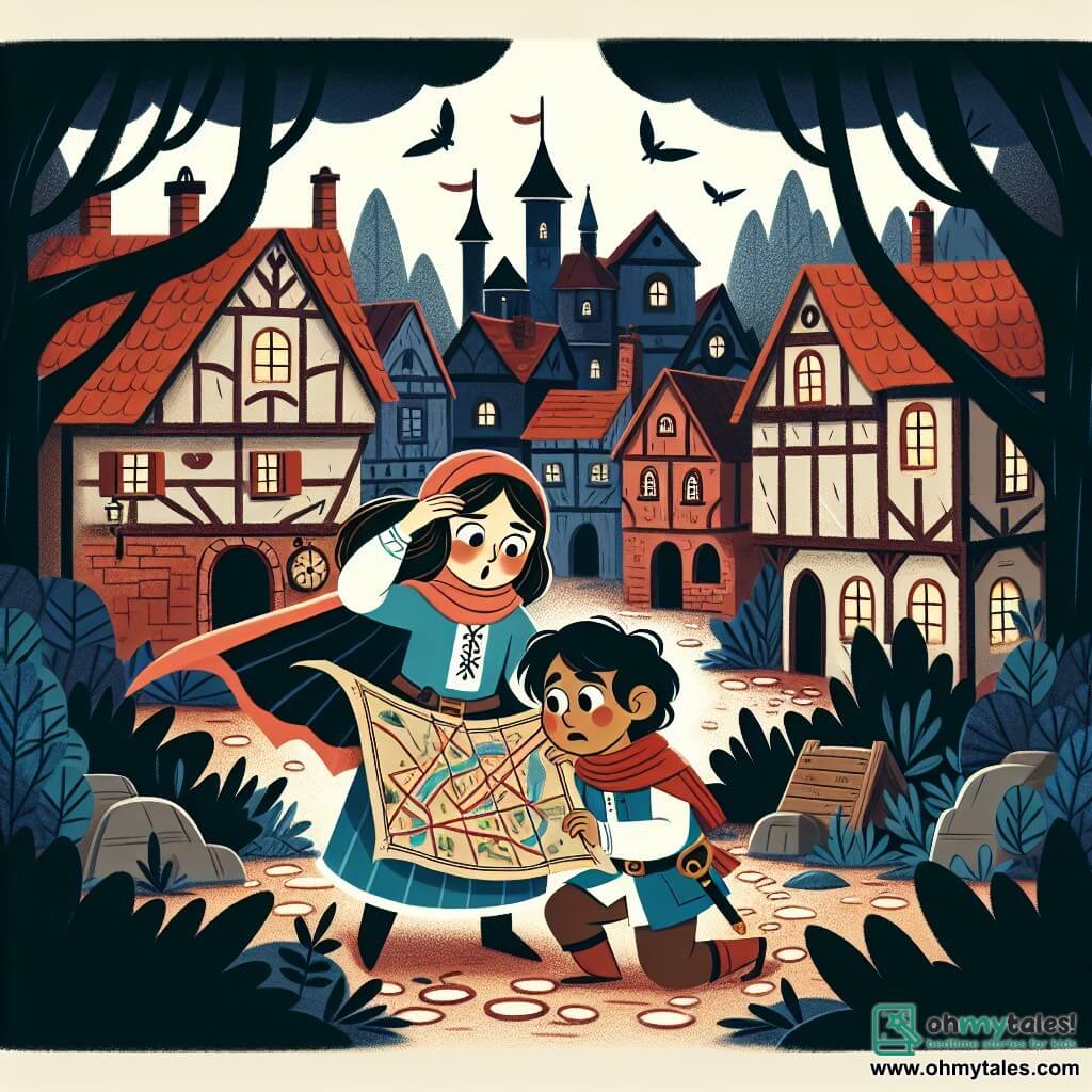 Une illustration destinée aux enfants représentant une jeune femme courageuse découvrant une carte mystérieuse menant à un royaume magique, accompagnée d'un garçon curieux, dans un village médiéval aux maisons à colombages et aux ruelles pavées, entouré d'une forêt sombre et mystérieuse.