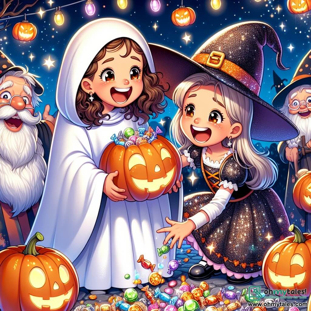 Une illustration sous forme de dessin destinée aux enfants représentant un parc d'Halloween illuminé par des lanternes en forme de citrouille, avec une fille de 9 ans aux cheveux bruns et bouclés, vêtue d'un drap blanc en guise de costume de fantôme pirate, riant joyeusement aux côtés de sa meilleure amie, une fille aux cheveux blonds et lisses, habillée en sorcière scintillante avec un chapeau pointu, alors qu'elles découvrent un tas de bonbons colorés et rencontrent un vieux sorcier amusant avec une longue barbe grise, le tout dans une ambiance festive et magique, remplie de rires et de surprises.