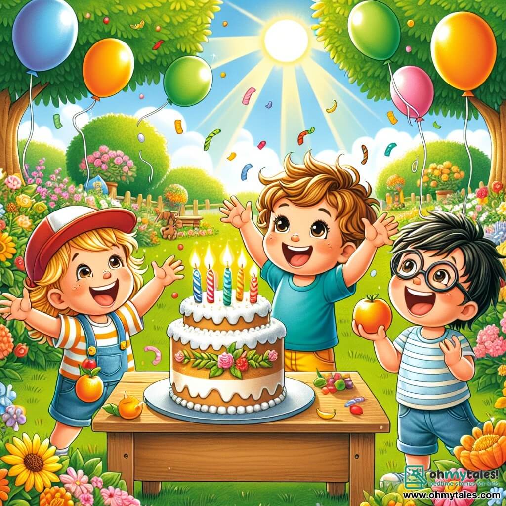 An illustration depicting a joyful scene in a sunny garden filled with colorful flowers, lush green trees, and floating balloons. At the center, a large birthday cake adorned with two lit candles sits on a wooden table. A two-year-old boy with curly brown hair, wearing a blue t-shirt and yellow shorts, smiles with sparkling eyes. Next to him, a four-year-old boy with blonde hair and a red cap raises his arms in the air, shouting with joy. Another three-year-old boy with black hair and glasses is juggling oranges, laughing heartily. The scene captures the moment the boy celebrates his birthday surrounded by friends, all laughing and singing "Happy Birthday." Colorful balloons float around them, and shimmering confetti fills the air, adding a festive touch to this celebration full of joy and friendship.