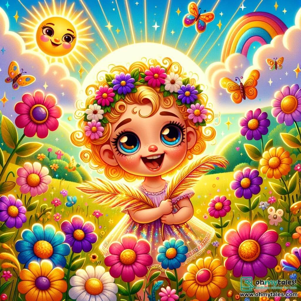 Illustration destinée aux enfants représentant une scène magique dans une prairie ensoleillée, où des fleurs colorées aux pétales brillants chantent doucement sous un ciel bleu parsemé de nuages duveteux. Au centre, une petite fille d'un an, avec de grands yeux curieux et des cheveux bouclés dorés, rit joyeusement en tenant une plume scintillante qui flotte autour d'elle. À ses côtés, des fleurs anthropomorphes aux visages souriants, dans des teintes vives de rose, violet et jaune, dansent et chantent, ajoutant une touche de magie à l'atmosphère. La lumière dorée du soleil illumine la scène, créant une ambiance chaleureuse et enchantée, tandis que des papillons colorés virevoltent autour, complétant ce tableau féerique.