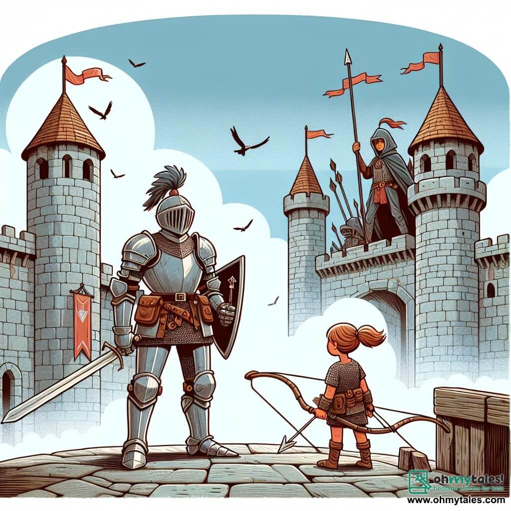 Une illustration sous forme de dessin destinée aux enfants représentant un château médiéval majestueux avec des murs en pierre et des drapeaux flottants, où un chevalier courageux en armure brillante, avec un casque orné de plumes et une épée levée, se tient fermement sur les remparts, tandis qu'une jeune fille au regard déterminé, vêtue d'une robe de guerrière et brandissant un arc, l'encourage à défendre leur royaume contre une armée sombre qui approche à l'horizon, créant une atmosphère de tension et de bravoure.
