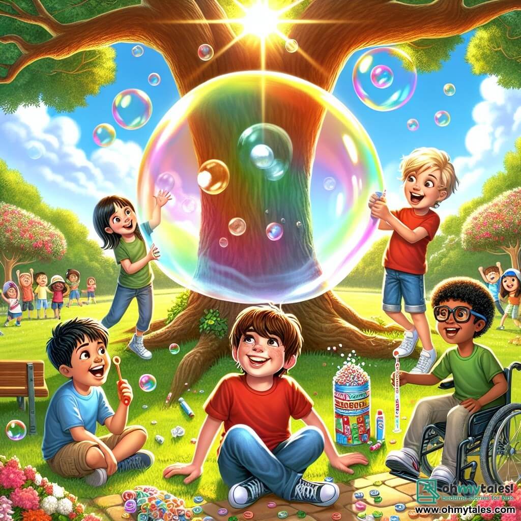 An illustration for children depicting a sunny park filled with colorful flowers and majestic trees, featuring a large oak tree at the center where a fun challenge takes place. In the foreground, four boys around 10 years old, all smiling and full of energy. One of them, with messy brown hair and a red t-shirt, holds a huge bubble of gum floating in the air. Another boy, with blond hair and glasses, laughs while trying not to splash gum. The third boy, with black hair and a mischievous smile, is preparing a bubble machine made of colorful bottles and tubes. The last boy, with brown hair and in a wheelchair, watches with sparkling eyes of excitement, ready to signal the big moment. In the background, children laugh and cheer, while a giant bubble shines in the sun, ready to pop. Colorful pieces of gum fly through the air, adding a joyful touch to this scene full of camaraderie and creativity.
