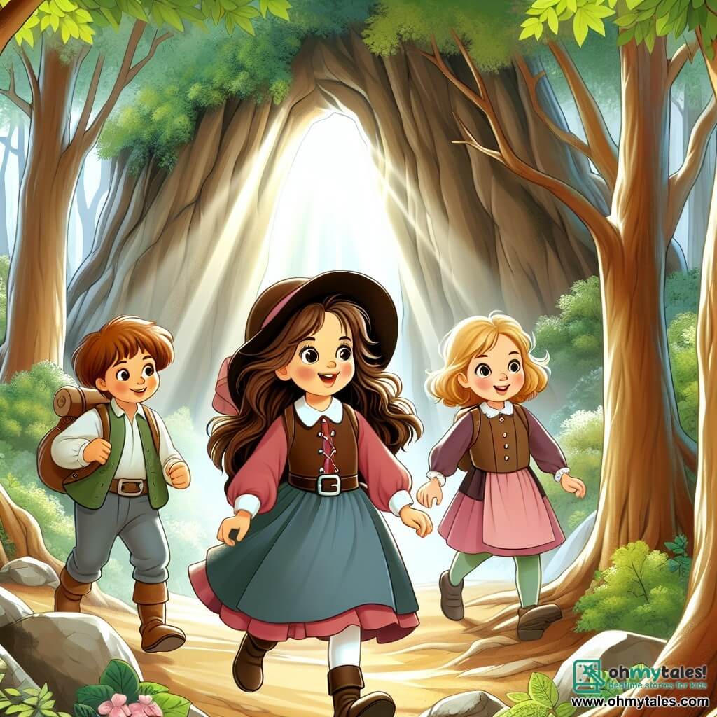 Une illustration destinée aux enfants représentant une petite fille courageuse et curieuse, accompagnée de ses amis, un garçon et une fille, explorant un mystérieux passage caché dans une forêt enchantée aux arbres majestueux et aux rayons de soleil filtrant à travers les feuilles.