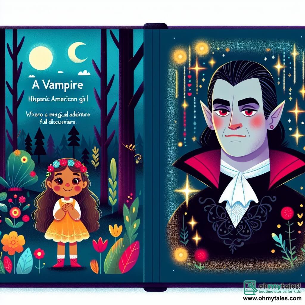 Une illustration destinée aux enfants représentant un vampire au regard bienveillant, une petite fille curieuse et une forêt enchantée aux arbres scintillants et aux fleurs lumineuses, où se déroule une aventure magique et pleine de découvertes.