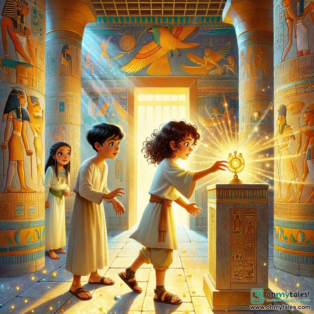 An illustration depicts a magical scene inside an ancient Egyptian temple. The walls are adorned with colorful frescoes of gods and constellations, illuminated by the golden light of a setting sun filtering through openings. In the center, an 11-year-old girl with curly brown hair and sparkling eyes stands before a pedestal. She wears a light tunic and sandals, reaching out towards a beautiful golden talisman that glows with mysterious light. Beside her, a 12-year-old boy with short black hair and a linen tunic watches with fascination, his determined gaze and encouraging smile ready to assist her in this adventure. A little further back, a 10-year-old girl with long braided hair and an elegant dress looks on in admiration, her eyes sparkling with wonder. The main scene shows the girl about to place the talisman on the pedestal, symbolizing the crucial moment when time must be restored. Patterns of stars and hieroglyphs float around them, adding a touch of magic and mystery to the illustration.