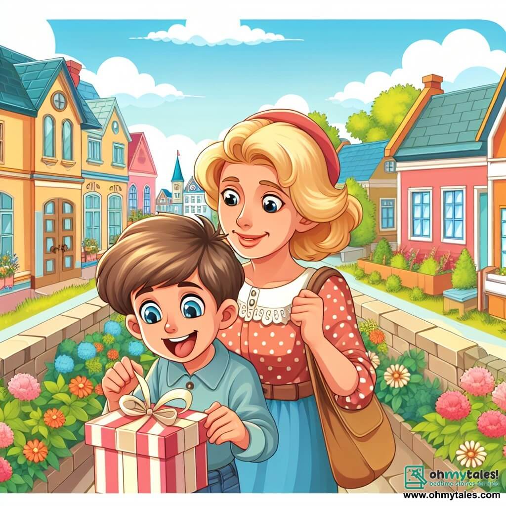 Une illustration destinée aux enfants représentant un jeune garçon plein d'énergie cherchant le cadeau parfait pour la fête des pères, accompagné de sa douce maman, dans une petite ville ensoleillée aux rues bordées de maisons colorées et de jardins fleuris.