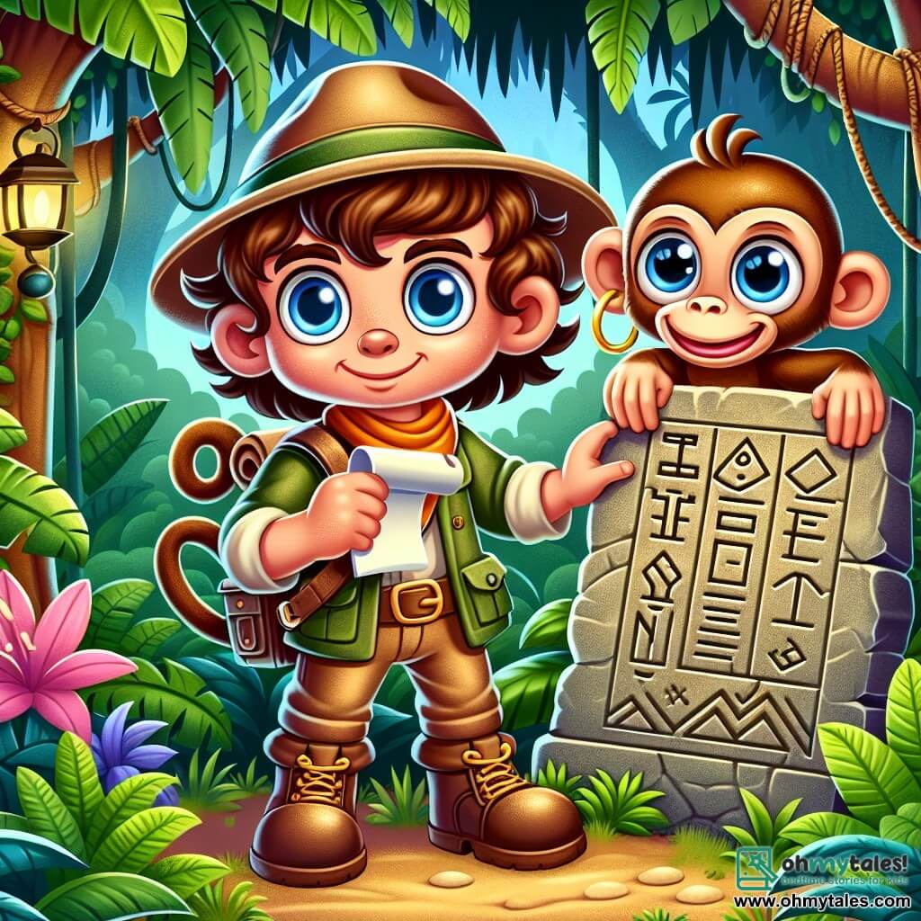 Une illustration sous forme de dessin destinée aux enfants représentant une jungle luxuriante et colorée, avec un homme courageux aux cheveux bruns et bouclés, portant un chapeau d'explorateur et tenant une carte, tandis qu'un petit singe espiègle aux yeux brillants grimpe sur son épaule, tous deux découvrant une ancienne pierre gravée de symboles mystérieux, alors qu'ils se tiennent devant l'entrée d'une caverne sombre, prêts à partir à l'aventure à la recherche d'un trésor caché.