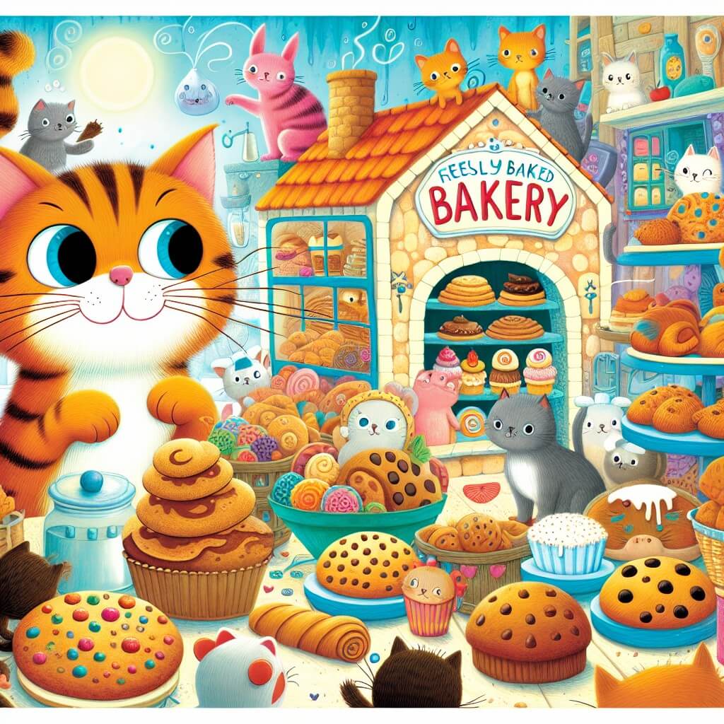 Une illustration destinée aux enfants représentant un chat espiègle et curieux, se retrouvant dans une boulangerie colorée avec des animaux sympathiques, dans le charmant village de Whiskerville, où les odeurs alléchantes de cookies fraîchement cuits remplissent l'air.