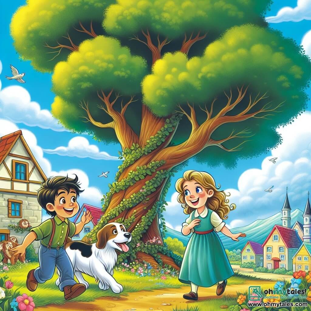Une illustration destinée aux enfants représentant un garçon joyeux et curieux, faisant la rencontre d'une fille courageuse et bienveillante, sous l'ombre d'un majestueux chêne dans la ville ensoleillée et colorée de Greenfield.