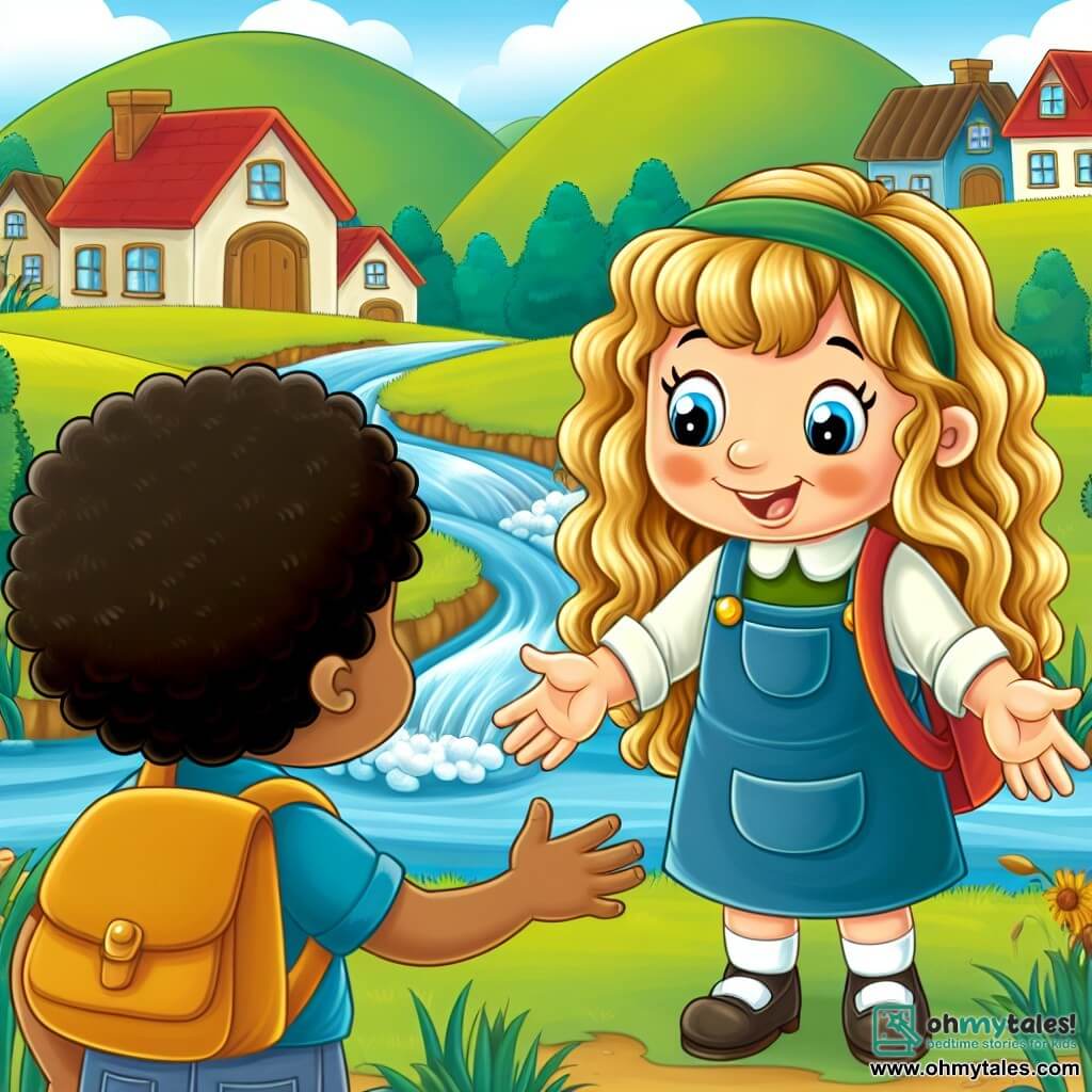 Une illustration destinée aux enfants représentant une fillette rayonnante accueillant une nouvelle camarade timide avec des cheveux bouclés, dans une petite ville aux collines verdoyantes et ruisseaux babillants.