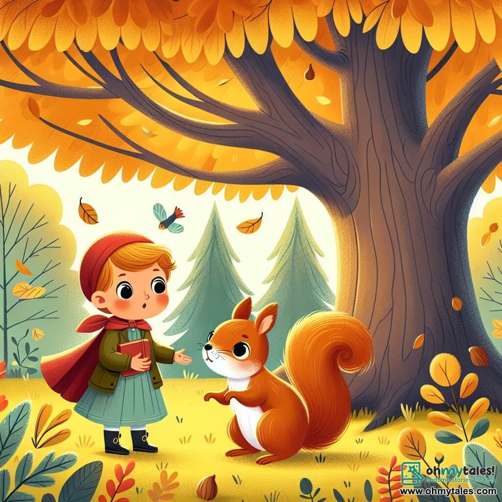 Une illustration destinée aux enfants représentant une petite fille aux yeux curieux, une rencontre magique avec un sage écureuil, sous un majestueux chêne aux feuilles d'or, dans un parc aux senteurs d'automne.