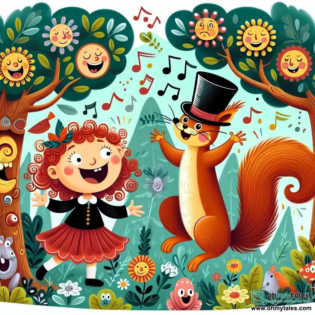 Une illustration destinée aux enfants représentant une petite fille aux boucles rousses, plongée dans une situation loufoque en compagnie d'un écureuil en haut-de-forme, dans une forêt enchantée remplie d'arbres aux visages souriants, de fleurs chantantes et de rires contagieux.